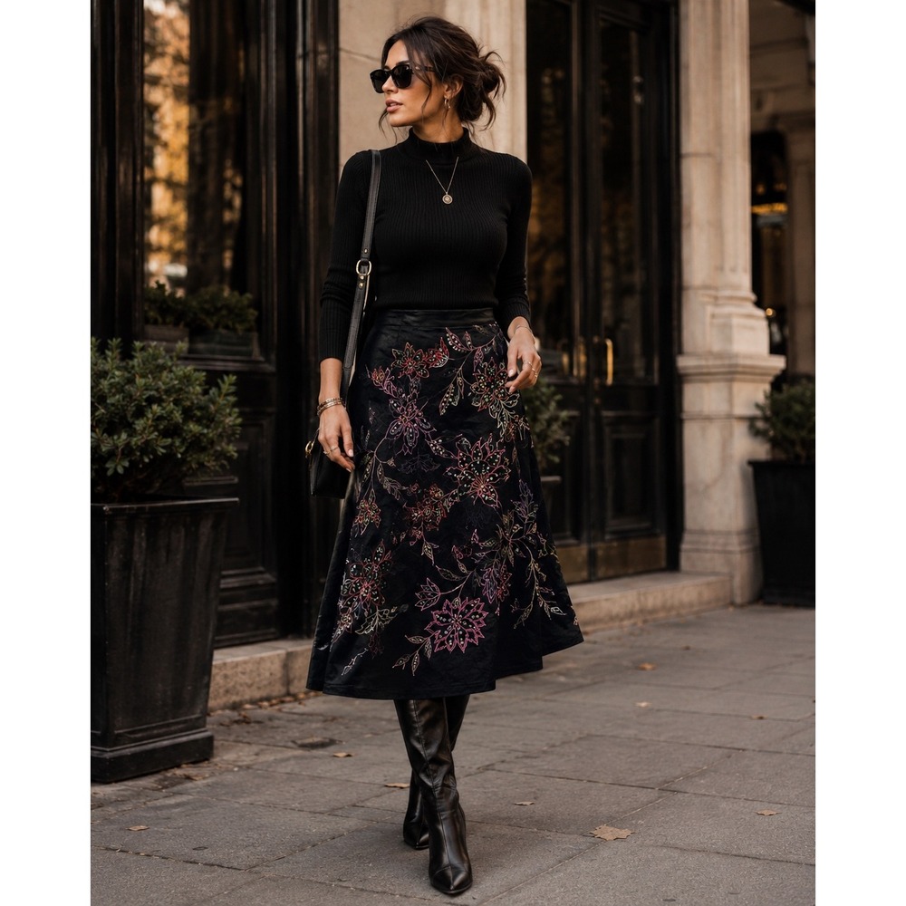 Vintage Anne Carson Black Floral Embroidered Linen A-Line Midi Skirt Size 8